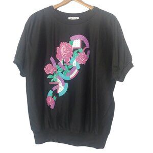 Vintage Xtrovert Womens L T Shirt Black Ringer Floral Geometric Graphic Roses